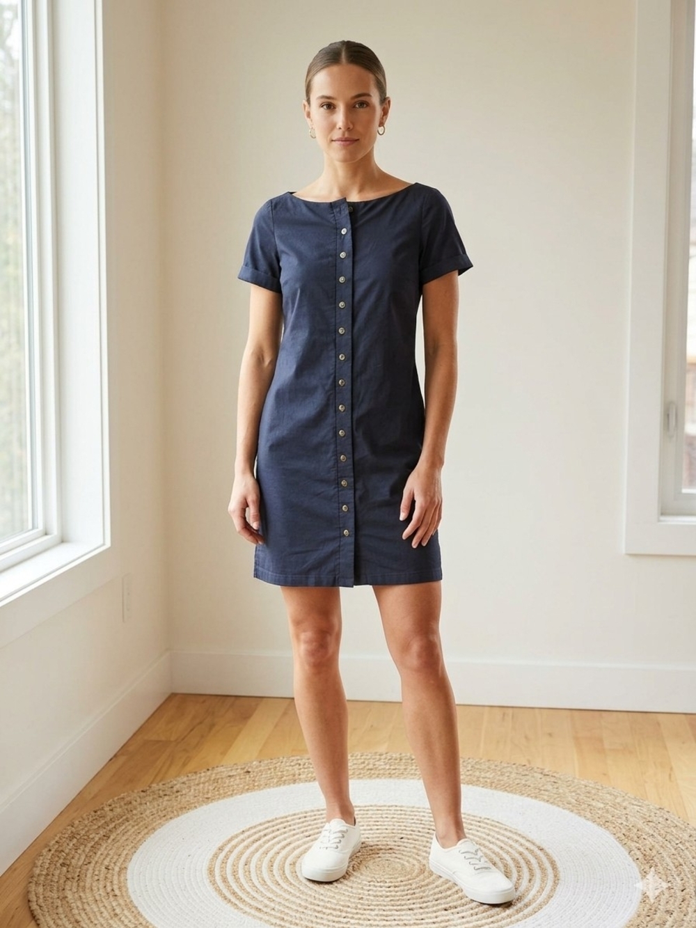 Melow Navy Button-Front Midi Dress Effortless Minimalist Quiet Luxury BCBG S